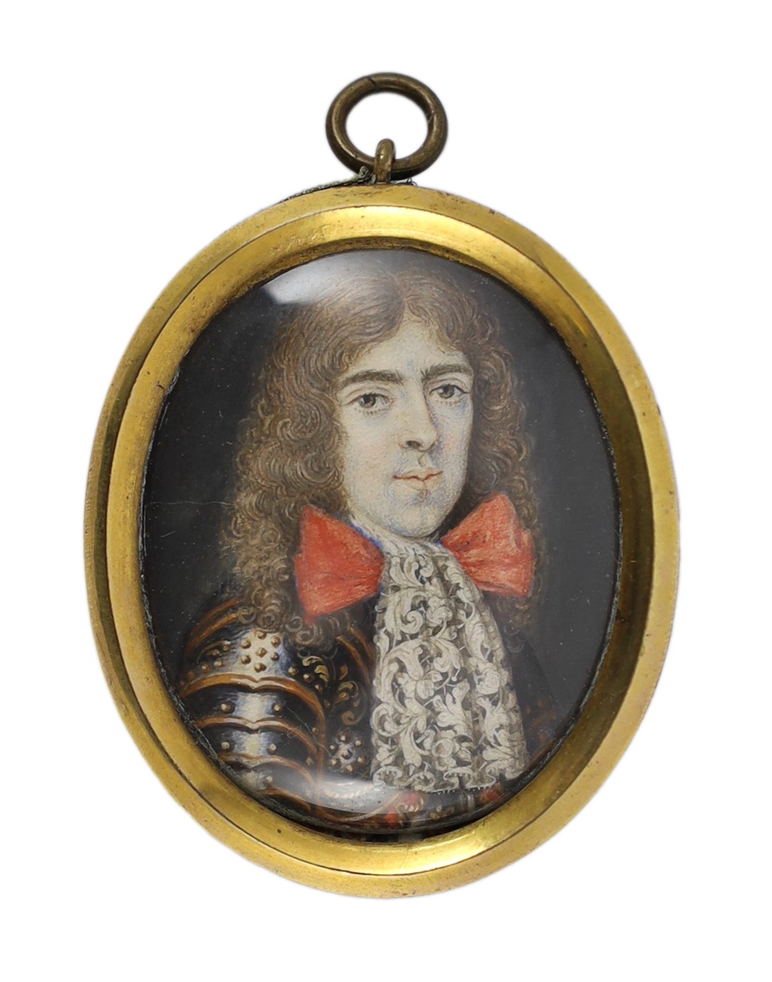 Manner of Pierre Huaut (Swiss, 1647-1698), Portrait miniature of a gentleman wearing armour, watercolour on ivory, 4.5 x 3.25cm